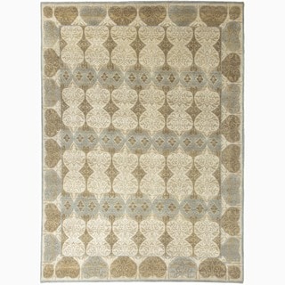 Hand-Made Abstract Pattern Ivory/ Blue Wool Rug (8x10)