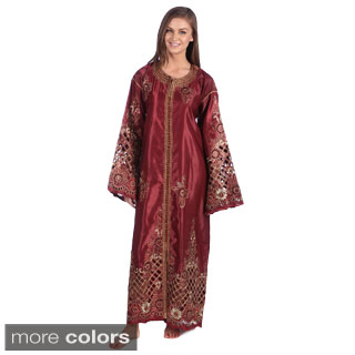 Moroccan Handmade Women's Satin Caftan with Gold Embroidered Fiber and Carved Button