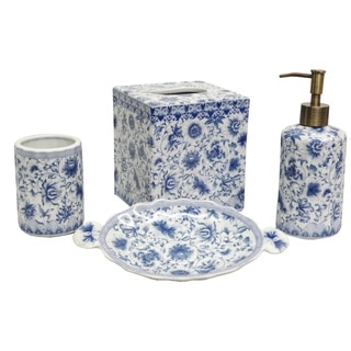 Blue and White Florettes Porcelain Bath Accessory 4-piece Set