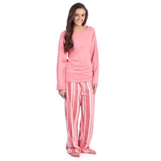 Aegean Apparel Solid Pink Knit Long Sleeve Top & Multi Pink Stripe Printed Plush Pant PJ Set