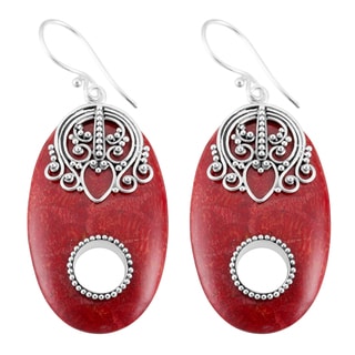 Handmade Sterling Silver Red Coral Dangle Earrings (Indonesia)