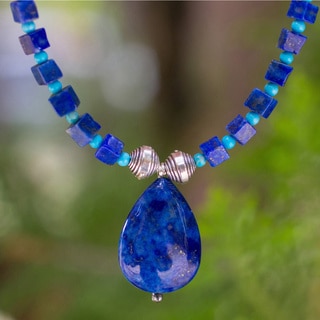 Depths of Blue Lapis Lazuli with Turquoise Color Calcite and 925 Sterling Silver Beads Womens Pendant Necklace (Thailand)