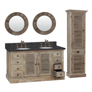 60-inch Marble Top Double Sink Rustic Bathroom Vanity with Dual Wall Mirror and Linen Tower