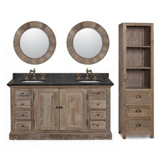 60-inch Marble Top Double Sink Rustic Bathroom Vanity with Matching Daul Wall Mirrors and Linen Tower