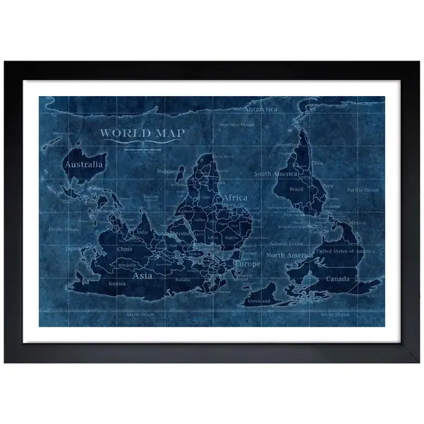Oliver Gal 'Upside-Down Map of the World' Framed Art Print - Blue