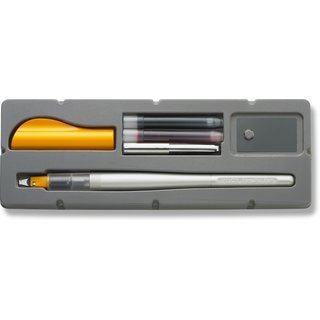 Pilot Calligraphy Pen with Parallel Plate Nib, Silver Barrel with Orange Cap with Red and Blue Ink Cartridges, 2.4mm