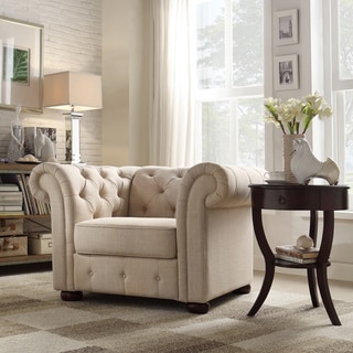 Knightsbridge Beige Linen Tufted Scroll Arm Chesterfield Chair by iNSPIRE Q Artisan