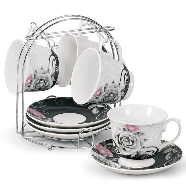 Porcelain Coffee/ Tea 9-piece Set on Metal Stand
