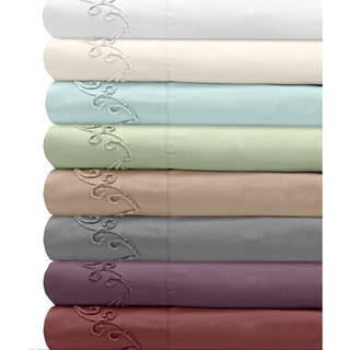 Grand Luxe 500 Thread Count Egyptian Cotton Deep Pocket Sheet Set with Chenille Embroidered Scroll D