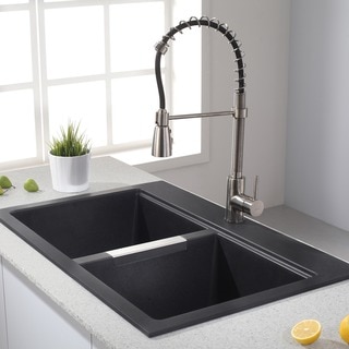 KRAUS 33-inch Dual Mount 50/50 Double Bowl Granite Kitchen Sink w/ Topmount and Undermount Installation