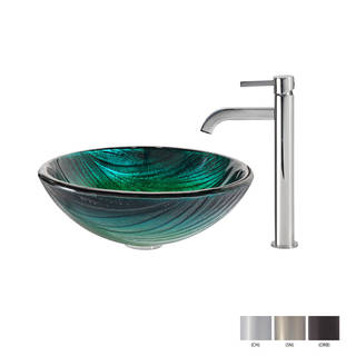 KRAUS Nei Glass Vessel Sink in Green with Ramus Faucet in Chrome