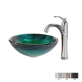 KRAUS Nei Glass Vessel Sink in Green with Riviera Faucet in Oil Rubbed Bronze