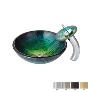 KRAUS Nei Glass Vessel Sink in Green with Waterfall Faucet in Chrome