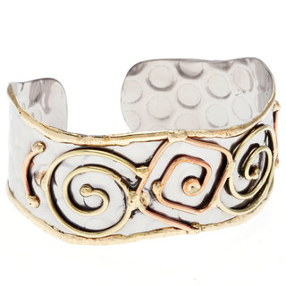 Handmade Stainless Steel Tri-tone Abstract Cuff Bracelet (India)