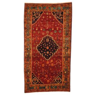 Antique 1970's Persian Hand-knotted Nahavand Hamadan Red/ Green Wool Rug (4'8 x 8'5)