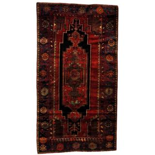 Antique 1960's Persian Hand-knotted Tribal Mazlagan Hamadan Red/ Blue Wool Rug (4'7 x 8'5)