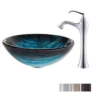 KRAUS Ladon Glass Vessel Sink in Blue with Ventus Faucet in Chrome