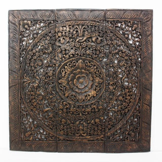 Hand-carved Black Stained Lotus Teak Wood Wall Panel , Handmade in Thailand