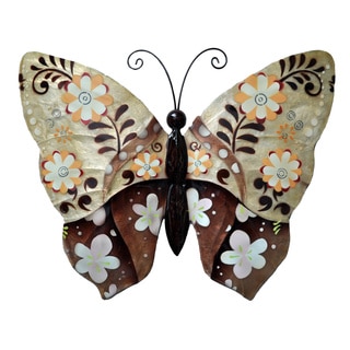 Hand-painted Brown Metal and Capiz Floral Butterfly Wall Art , Handmade in Philippines