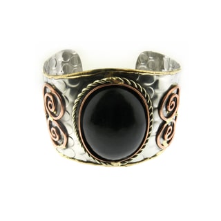 Handcrafted Oversized Brass and Copper Gemstone Stainless Steel Cuff Bracelet (India)