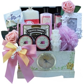 Victorian Lace Gourmet Food and Spa Gift Basket Set with Clock
