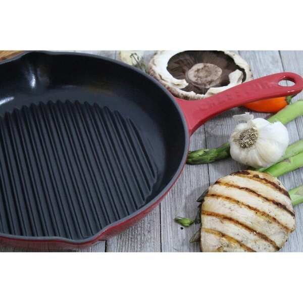 Chasseur 10-inch Red Round French Enameled Cast Iron Grill Pan - 16"l x 11"w x 2.5"h