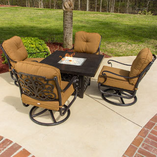 Evangeline 5-Piece Cast Aluminum Seating Set with Swivel Rockers and Gas Fire Pit Table