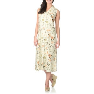 La Cera Women's Ivory Floral Print Silk Button-front Dress