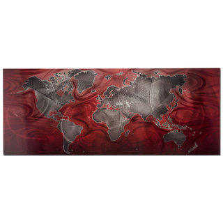 Pewter and Red World Map Modern Metal Wall Art