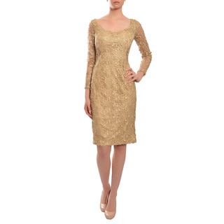 Mac Duggal Women's Gold Floral Lace Fitted Long-sleeve Dress