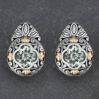 18k Gold and Sterling Silver Prasiolite Floral Cawi Earrings (Indonesia)
