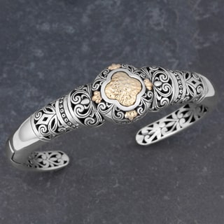 Handmade 18k Yellow Gold and Sterling Silver 'Tropical Garden' Cuff Bracelet (Indonesia)