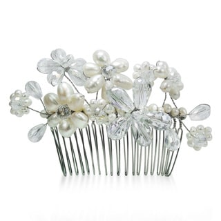 Floral Serenity White Pearls and Crystals Bridal Hair Comb (Thailand)