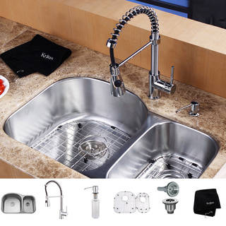 KRAUS 32 Inch Undermount Double Bowl Stainless Steel Kitchen Sink with Commercial Style Kitchen Faucet and Soap Dispenser