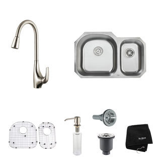 KRAUS 32 Inch Undermount Double Bowl Stainless Steel Kitchen Sink with High Arch Pull Down Kitchen Faucet and Soap Dispenser