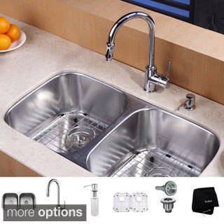 KRAUS 32 Inch Undermount Double Bowl Stainless Steel Kitchen Sink with Pull Down Kitchen Faucet and Soap Dispenser