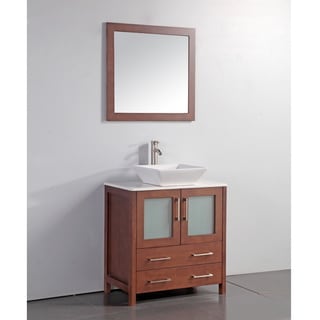 White Artificial Stone Top 24-inch Vessel Sink Cherry Bathroom Vanity and Matching Framed