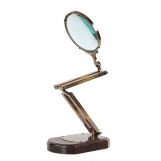 Large Brass Magnifier Glass On Wooden Base Decorative Accessory