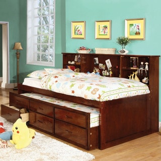 Furniture of America Percius Cherry Captain Bed with Trundle and Bookcase Headboard