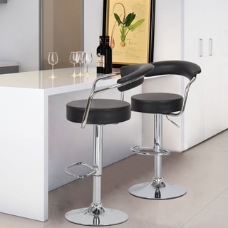 Adeco Black Leatherette Cushioned Adjustable Barstool with Curved Back and Chrome Arms Pedestal Base (Set of 2)