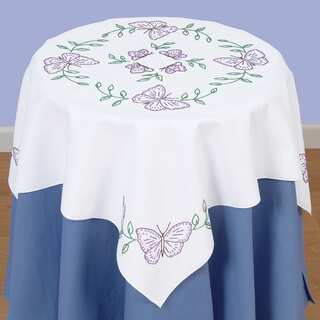 Stamped White Perle Edge Table Topper 35inX35in-Butterflies