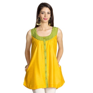 Handmade MOHR Women's Yellow Pintucked Yoke Sleeveless Tunic (India)