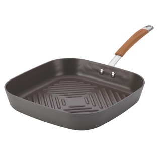 Rachael Ray Cucina Hard-Anodized Nonstick 11-inch Deep Square Grill Pan, Grey with Pumpkin Orange Handle