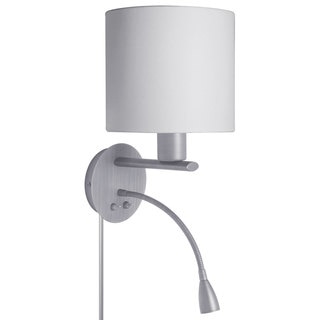 Satin Chrome and White Fabric Wall Sconce with LED Reading Lamp