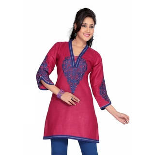 Women's Blue Embroidered Hot Pink Cotton Kurti Tunic (India)