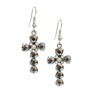 Bleek2Sheek Hematite Grey Crystal and Rhinestone Heart Cross Earrings