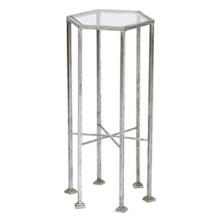 Silver Leaf Glass Top Round Metal Accent Table