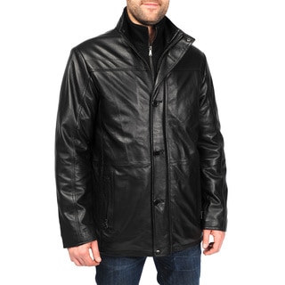 EXcelled Men's Black Lambskin Leather Car Coat with Detachable Bib