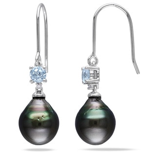 Miadora Silver Tahitian Pearl, Blue Topaz and Diamond Accent Earrings (9-9.5 mm)