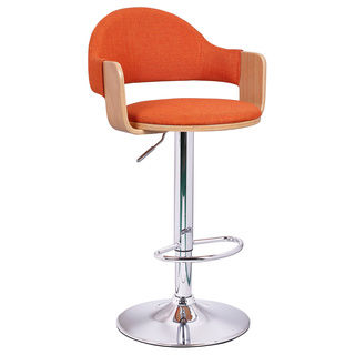 Adeco Fabric and Light-color Wood Cushioned Hydraulic Lift Adjustable Low Back Orange Barstool with Chrome Accent Pedestal Base